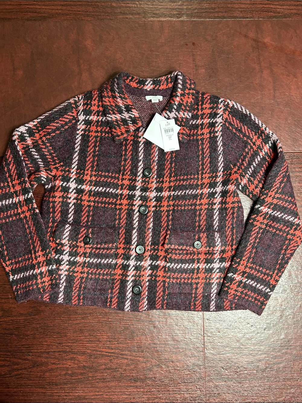 J.Jill Wine Multi-Plaid Nylon Wool Blend Knit Sweater Jacket - Size SP - New